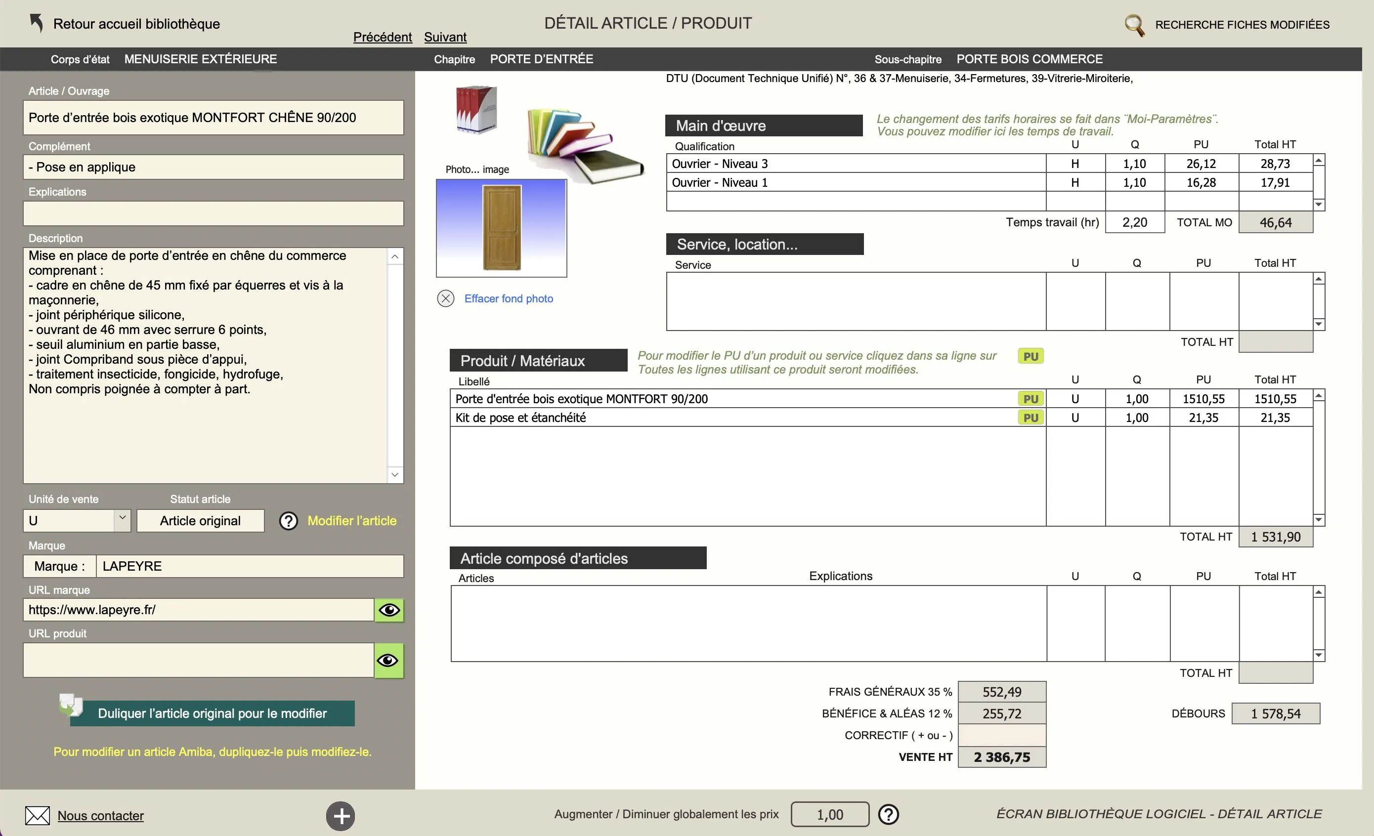 Logiciel devis facture bâtiment Amiba avec bibliotheque d'ouvrages - Detail des articles de la bibli