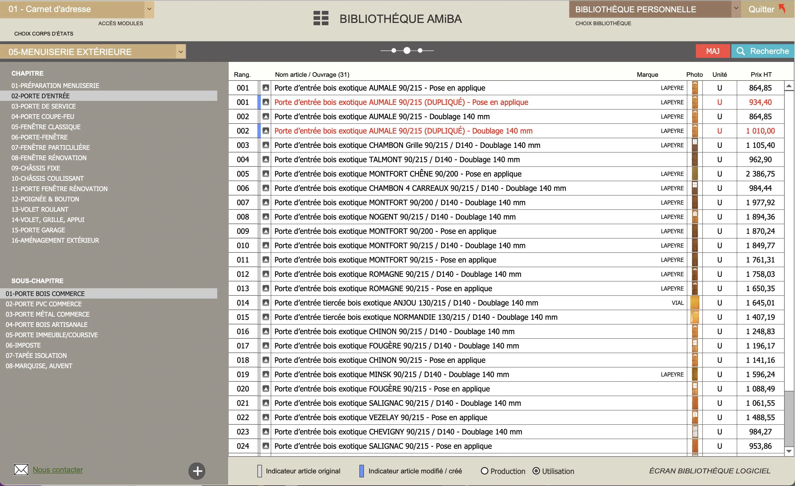 Logiciel devis facture bâtiment Amiba avec bibliotheque d'ouvrages - Liste des articles bibliotheque