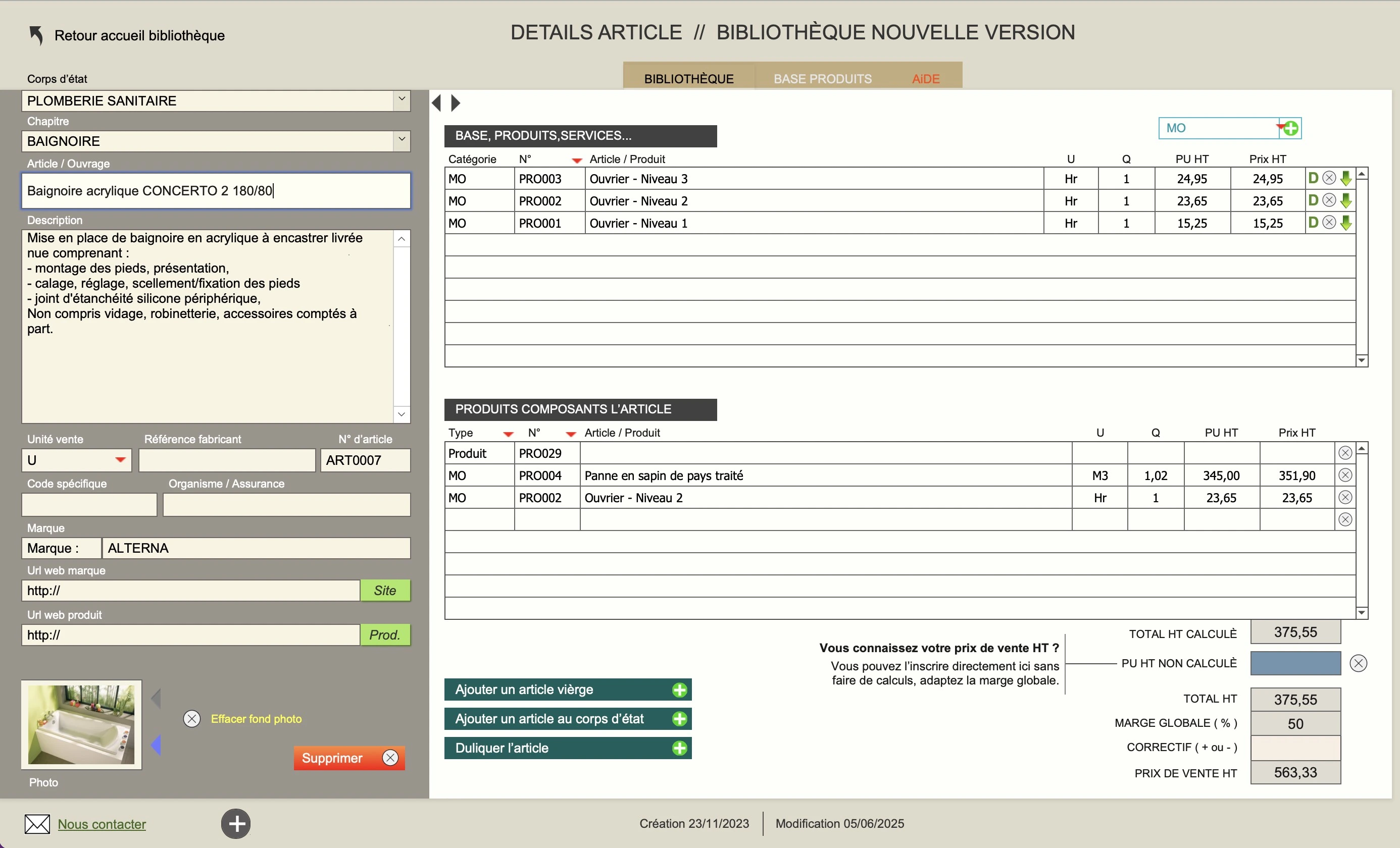 Logiciel devis facture bâtiment Amiba avec bibliotheque d'ouvrages - Bibliothèque perso - liste des articles