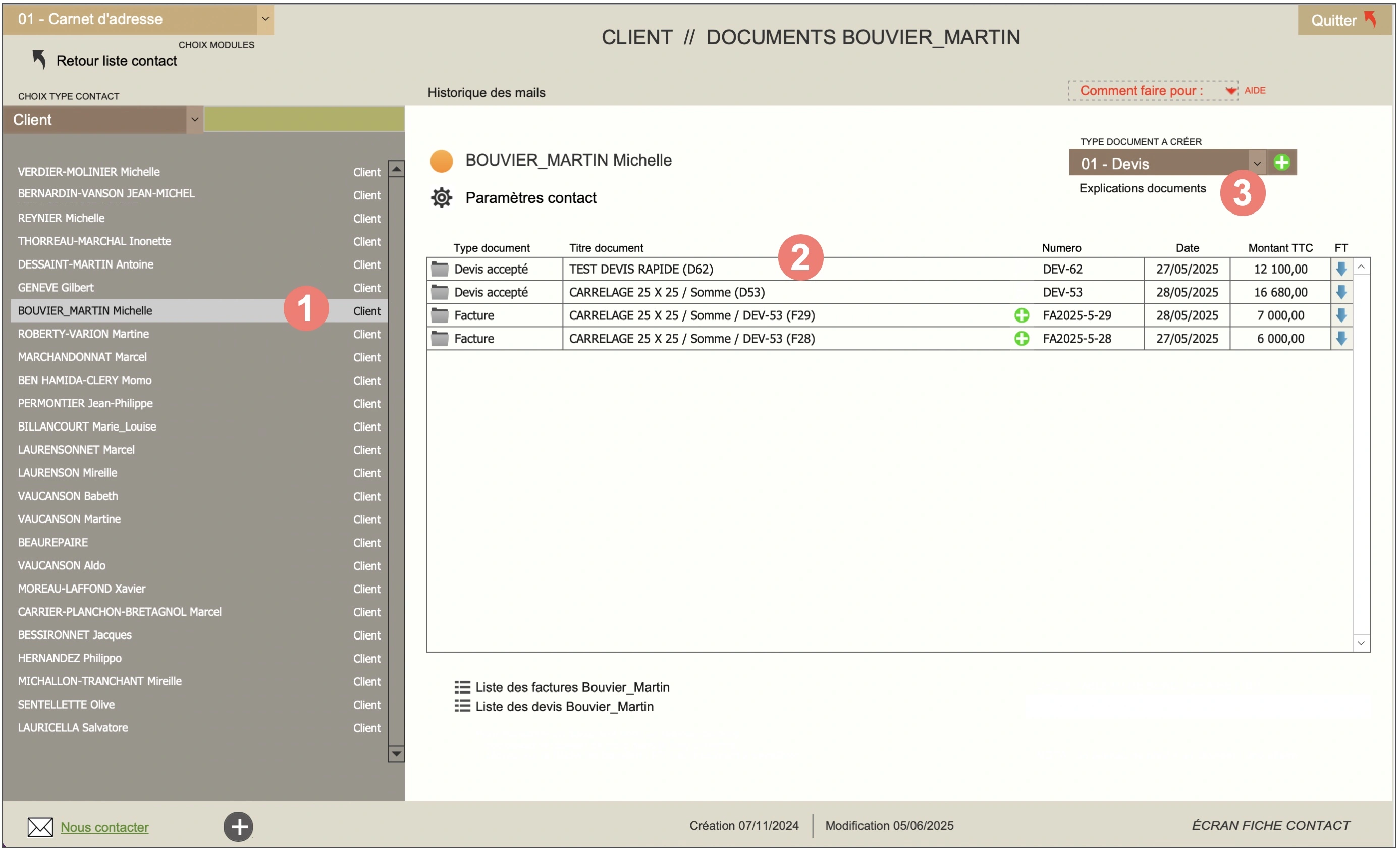 Logiciel devis & factures bâtiment Amiba - Les documents sont listés par contact