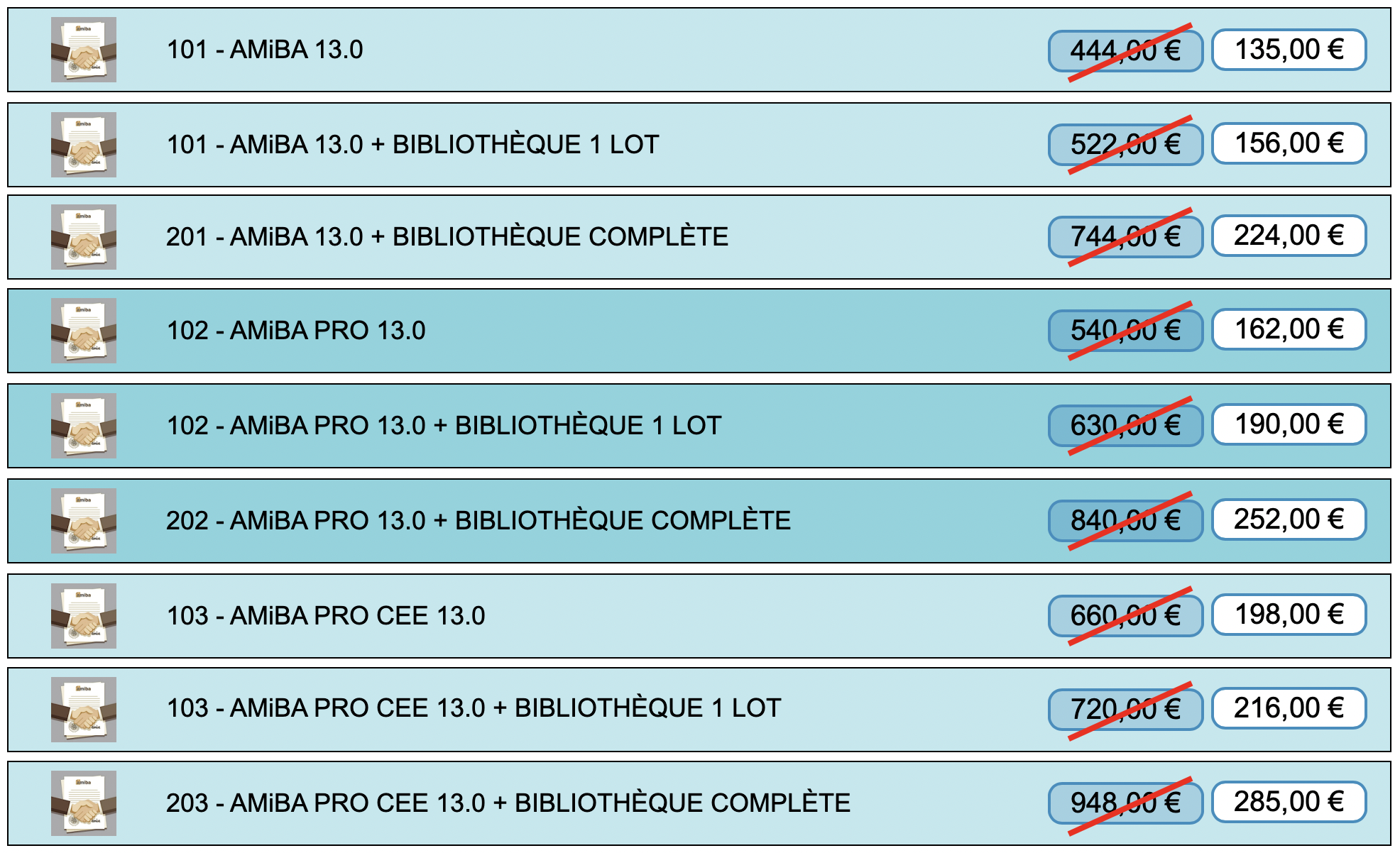 Tableaux des tarifs par version Amiba - 50%