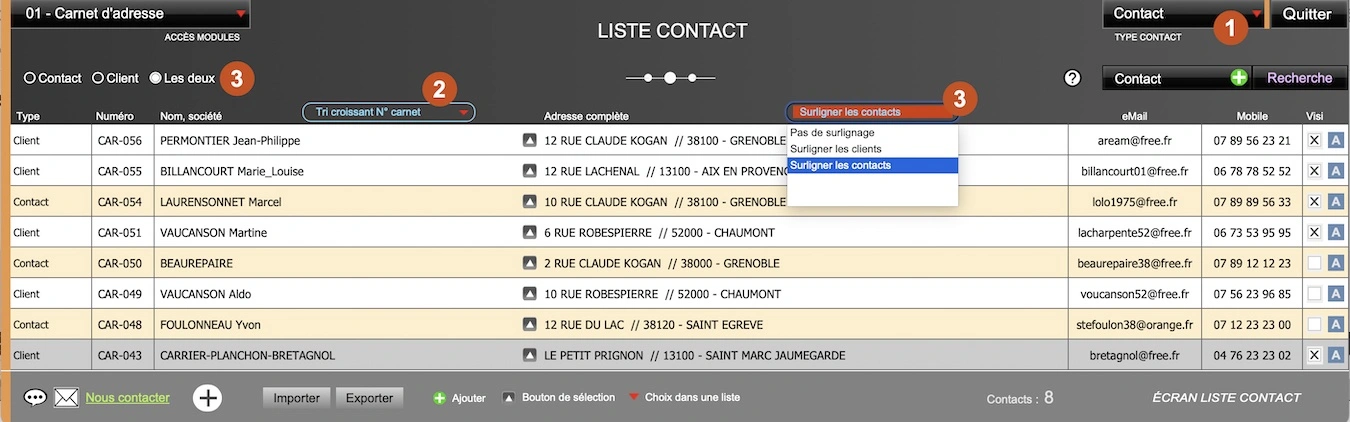 Logiciel devis pro et devis rapides Amiba - Présentation liste des contacts