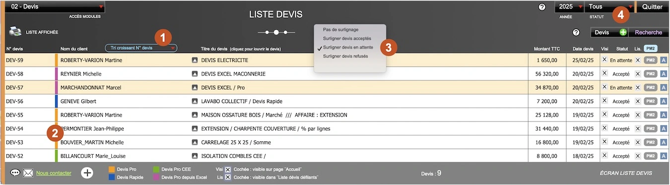 Logiciel devis pro et devis rapides Amiba - Présentation liste des devis