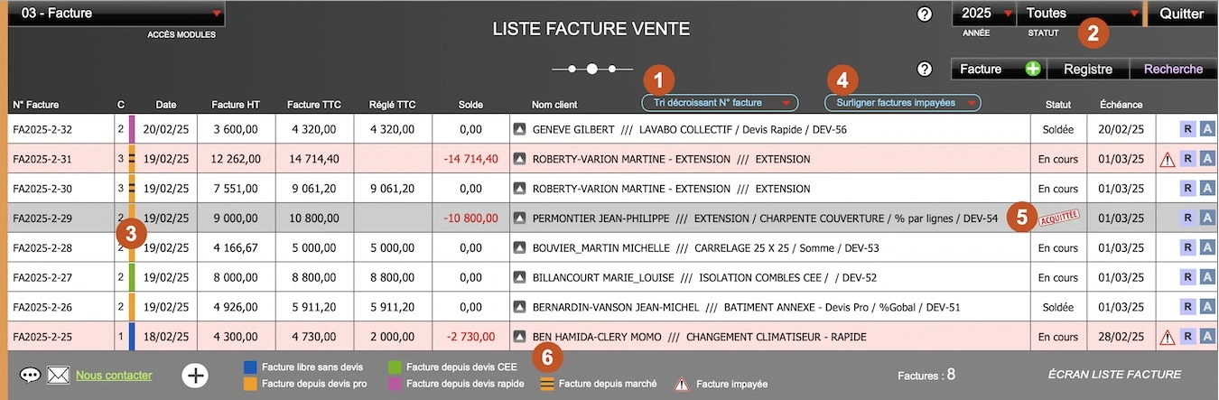 Logiciel devis pro et devis rapides Amiba - Présentation liste des factures