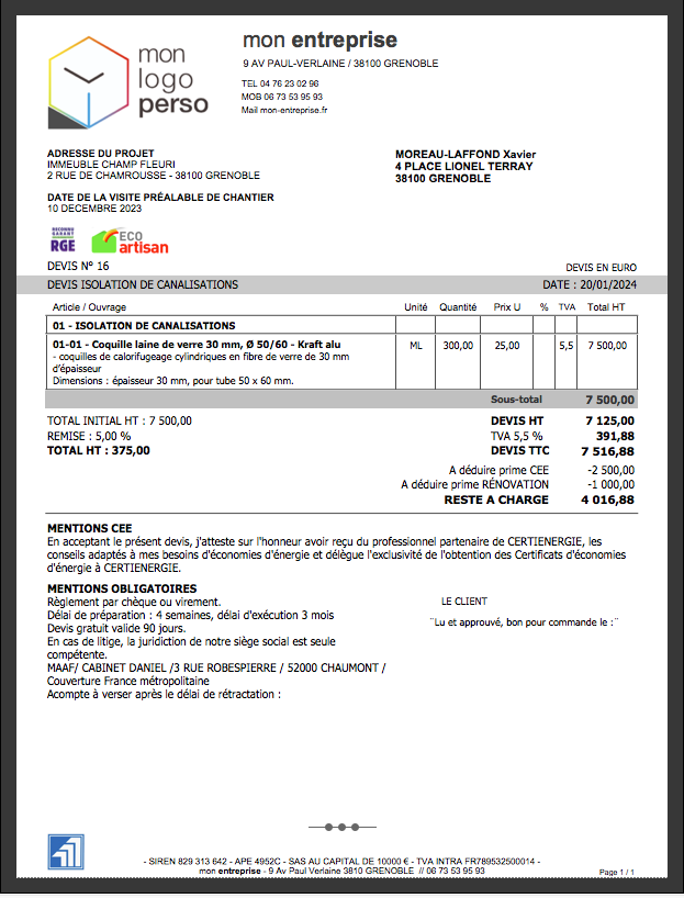 Logiciel Amiba Pro CEE - Devis présentés en mode tableau avec déduction des primes après le TTC