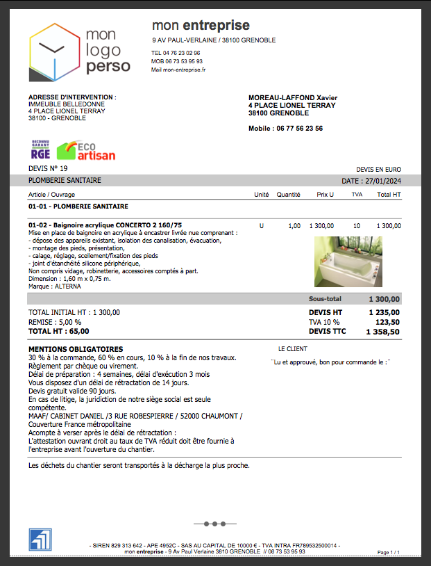 logiciel devis facture amiba - Présentation des devis en mode lettre avec photos des produits